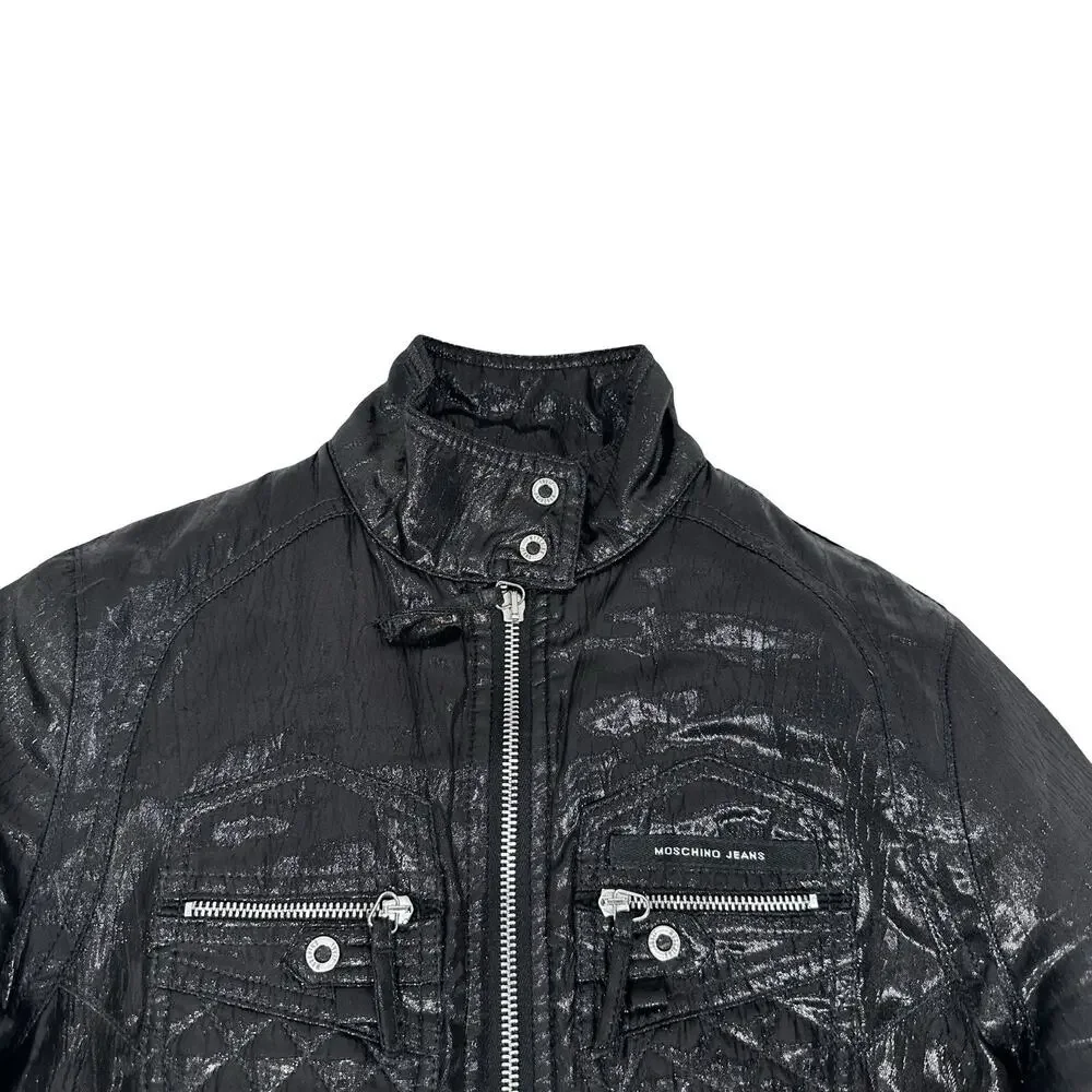 Moschino Jeans Moto Jacket Women's 6 Black Shiny Textured Wool Blend‎ Italy Zip